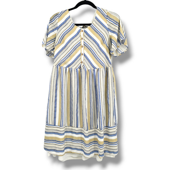 Polagram Women's Button Bodice Short Sleeve Striped Dress Cream Blue Size Medium - Picture 1 of 11